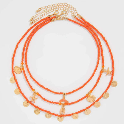 Ingemark 3Pcs/Set Boho Orange Seed Beads Chain Necklace for Women Summer Vintage Metal starfish Conch Coin Pendant Y2K Jewelry
