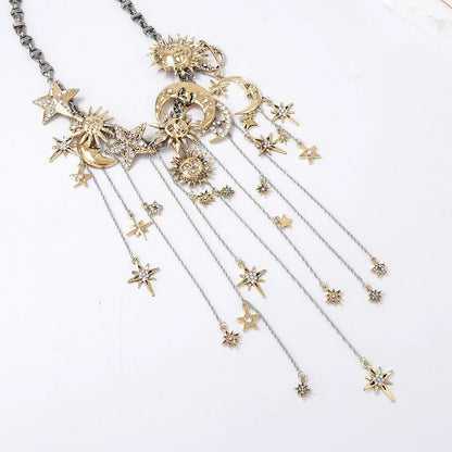Retro Exaggerated Alloy Stars Moon Tassels Waterfall Necklaces For Women Y2k Hiphop Punk Clavicle Chain Party Jewelry Gifts