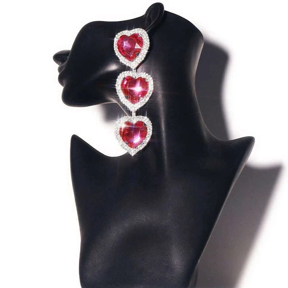 Exaggerate Design Pink Crystal Heart Earrings Statement Jewelry Women 2023 Love Pendant Rhinestone Dangle Earrings Party Gifts