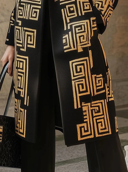 Modigirl 2026 New Spring Women's  Vintage Midi Length Coat Urban Trendy Golden Meander Print Long Jackets Pockets female
