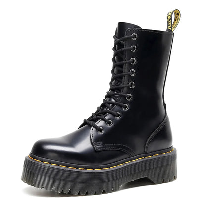 Women's Motorcycle Boots 10 Holes Thick Bottom Side Zipper British Style Long Booties Flatform Work Boots round Toe Mid Heel