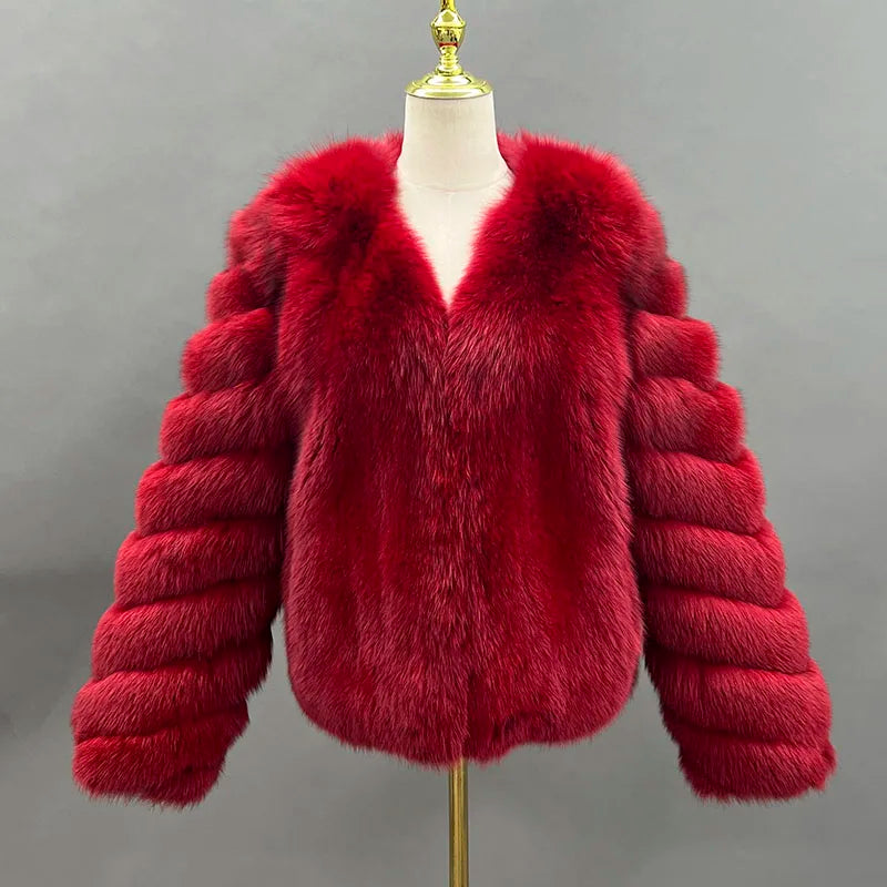 JANEFUR 2024 Thick Warm Real Fox Fur Coat Fashion Female V-neck Fox Fur Collar Coats Elegant luxury Lady Fur Outwear