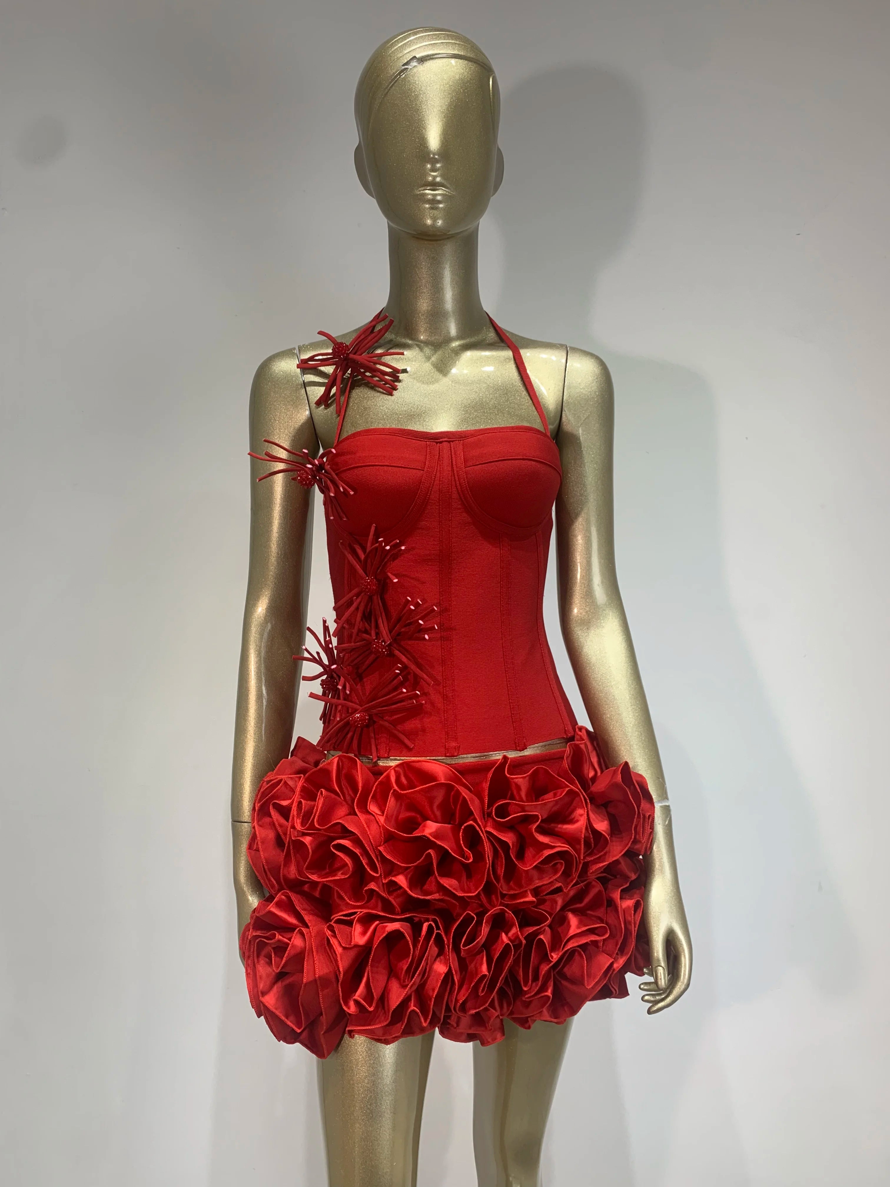 High End Fashion Women Red Bandage Outfit Halter Slash Neck Corset Top And Rose Mini Skirt Two Pieces Sets Evening Club Party