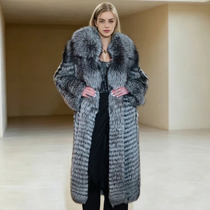Genuine Silver Fox Fur Coats Long Real Fur Jackets With English Collar Women's Leather Fur Coats Fashion Natural Fur...