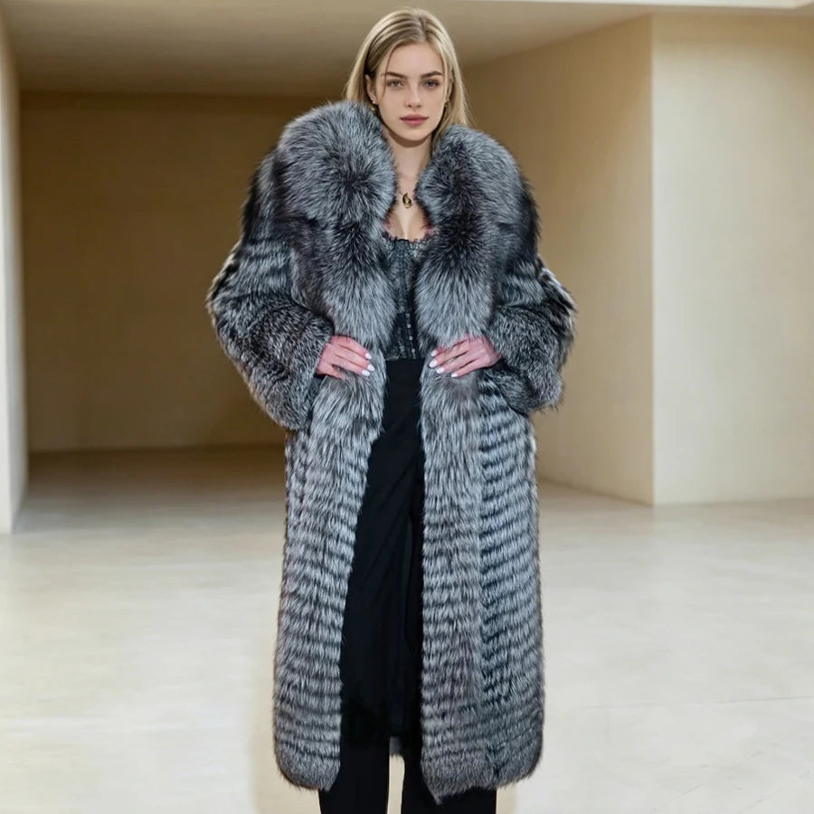 Genuine Silver Fox Fur Coats Long Real Fur Jackets With English Collar Women's Leather Fur Coats Fashion Natural Fur...