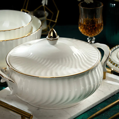 Bowl and dish set bone china tableware set bowl Jingdezhen light luxury simple hand drawn gold ceramic bowl and chopsticks plate - Kimlud