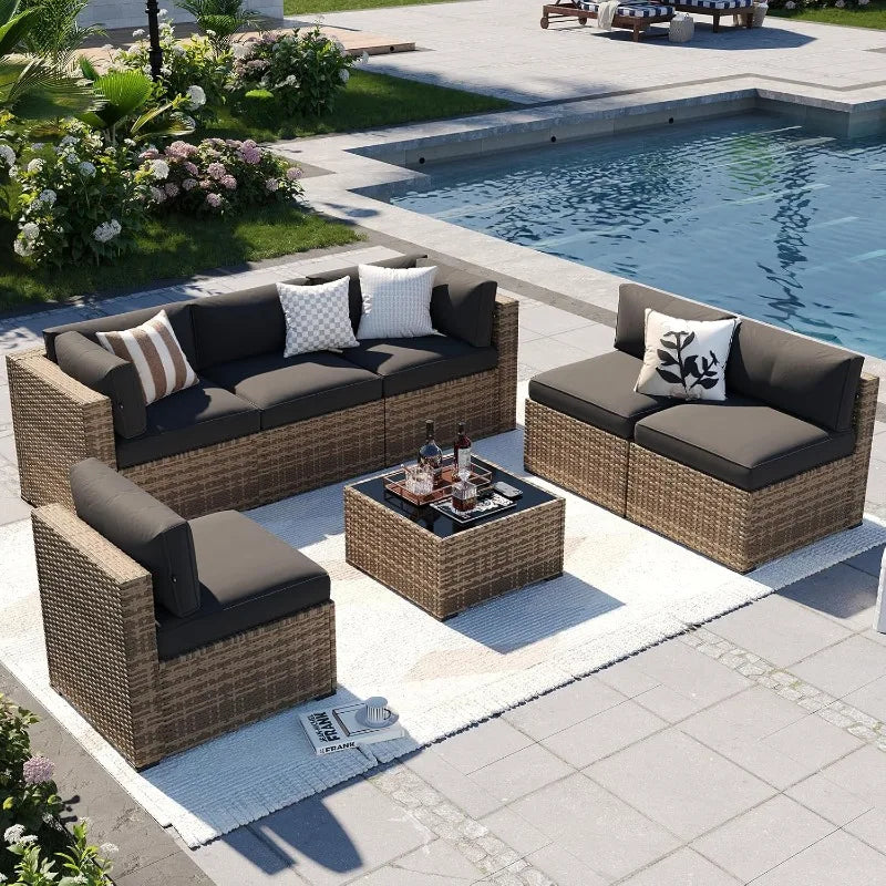 Patio Furniture Sets, 7-Piece Outdoor Patio Furniture with Thick Cushions, Wicker Outdoor Conversation Set Sectional...
