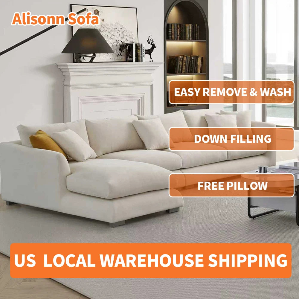 Cloud Down Filled Chaise Sofa Living Room Sofa L-shaped Recliner Sofa Comfortable Cloud Sofa Linen Sofa Removable...