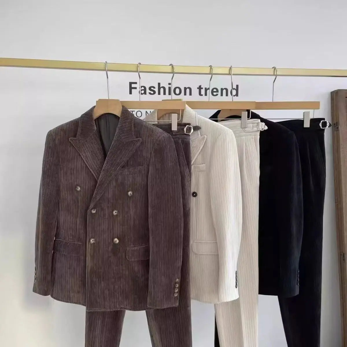 British Style Men's Corduroy Casual Double Breasted Suit And Naples Pant Two-piece Set Fashion Vintage Business Suits Outfits