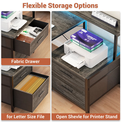 Aheaplus Reversible L Shaped Desk / Home Office Desk / Gaming Desk with File Drawer & Power Outlet & LED Strip - Kimlud