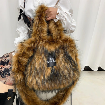 Luxury Designer The Tote Bags for Women Furry Leather Branded Fur Shoulder Bags Female Large Crossbody Handbags