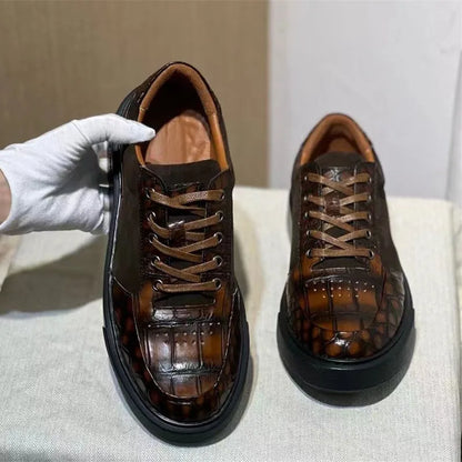 Authentic Exotic Crocodile Skin Hand Painted Men's Soft Board Shoes Genuine Real Alligator Leather Male Lace-up Patchwork Flats