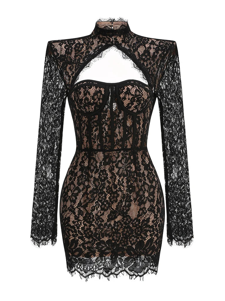 Sexy Long Sleeve High Neck Cut Out Lace Mini Dress Women Elegant Black Backless Bodycon Dresses Celebrity Evening Party...
