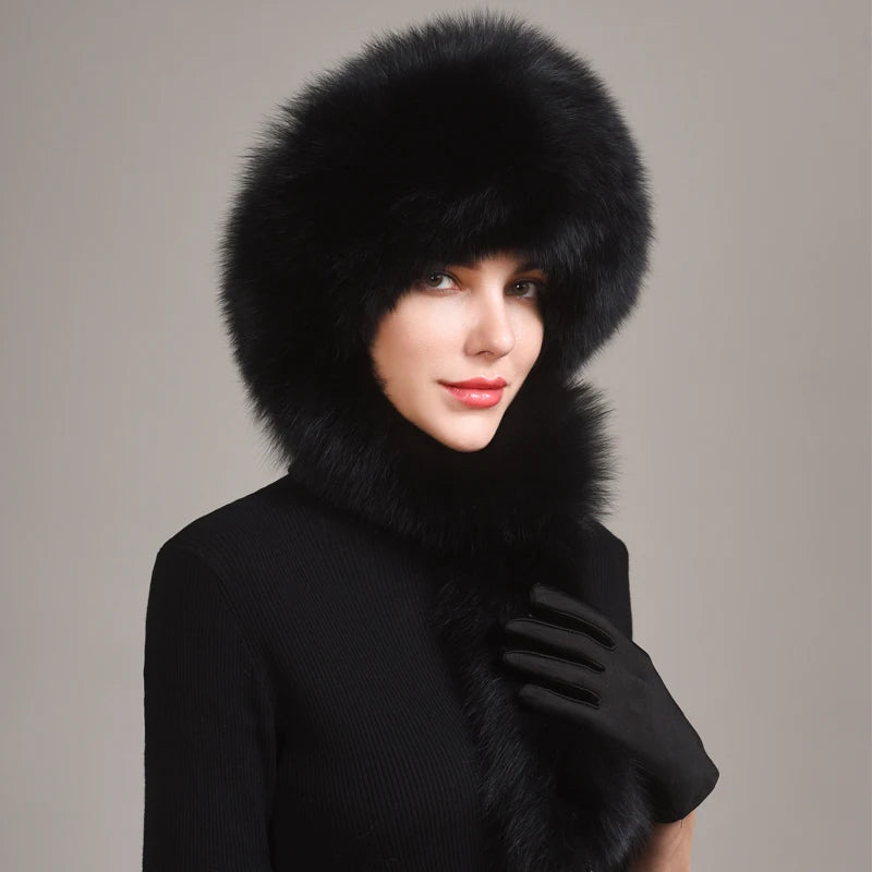 Real Fox Fur Hat with Rabbit Fur Top Girls Winter Hats with Long Tail Pompoms Russian Trapper Hats Bombers Cap Bonnets...
