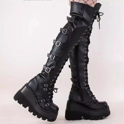 Fashion High Boots Women Platform Wedges Motorcycle Boot Over The Knee Army Stripper Heels Black Lace-up Belt Buckle Long Boots
