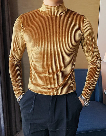 New Gold Velvet T Shirt Men Clothing Fashion Trend Male Luxury Prom Party Long-sleeved Striped Pullover Tops Homme - Kimlud