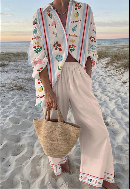 Casual Printed Two Piece Set Women Spring Summer New Fashion Comfort Holiday Button Long Sleeve Shirts And Wide Leg Pants 2 Sets