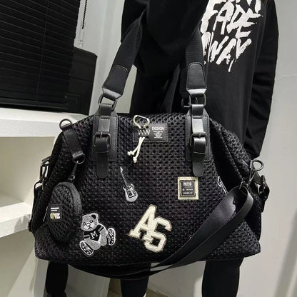 Fashionable women's mesh nylon adhesive tote bag, large capacity splicing shoulder bag, short distance travel casual handbag - Kimlud