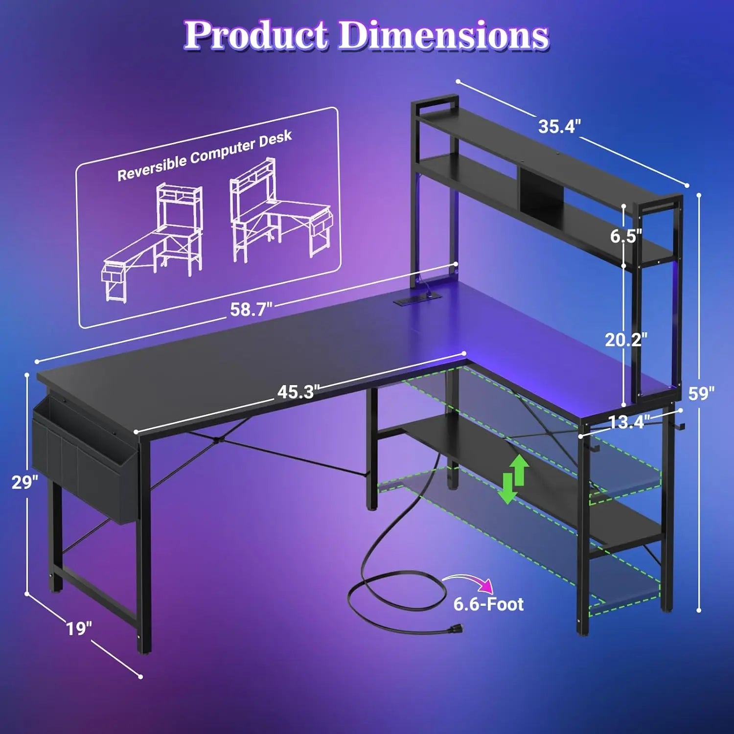 59" L-Shaped Gaming Desk with LED Lights, Power Outlets, Shelves & Storage Bag - Reversible Corner Office Desk in Black