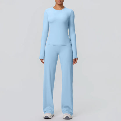 2pieces Women Gym Yoga Set Running Shirts Slim Long Sleeves Workout Top Quick Drying High Stretch Wide Leg Pants Thin Yoga Set