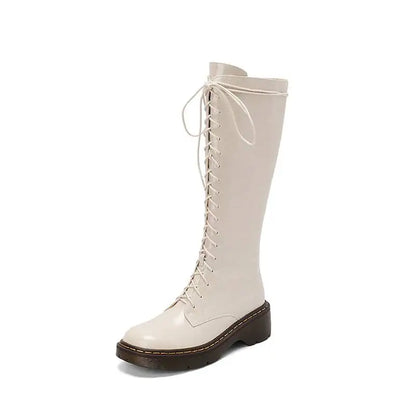 Krazing Pot Vintage Cow Split Leather Wool Snow Boots Winter Keep Warm Round Toe Cross-tied Med Heels Platform Thigh High Boots