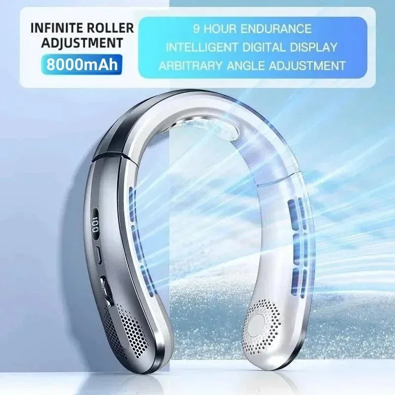 8000mAh USB Hanging Neck Fan Portable Bladeless Mini Rechargeable Mute LED Digital Display Electric Air Cooler Handheld - Kimlud