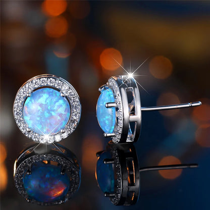 Cute Female Crystal White Blue Opal Round Stone Stud Earrings Silver Color Wedding Jewelry For Women | Kimlud Mid Range...