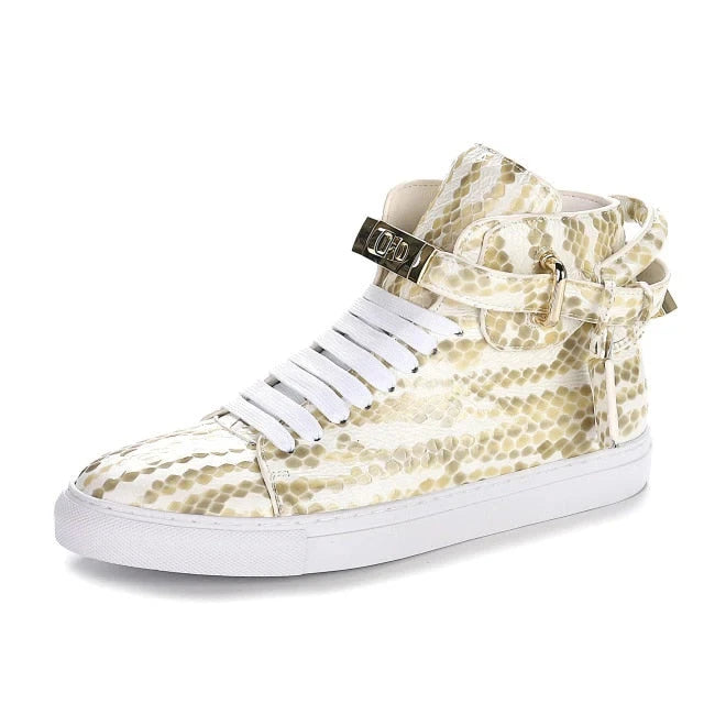 Luxury Designer Men Crocodile Pattern High Top Sneakers Glossy Patent Leather Gold Buckle Lace-up Casual Street Shoes Footwear