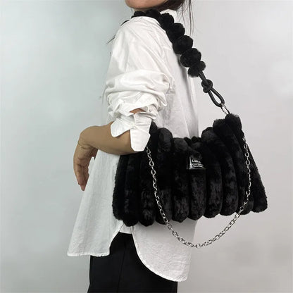 Women's Large Plush Tote Bag with Crossbody/Handheld Carry Soft Striped Plush Exterior Cozy Handbag for, Travel, Everyday Use