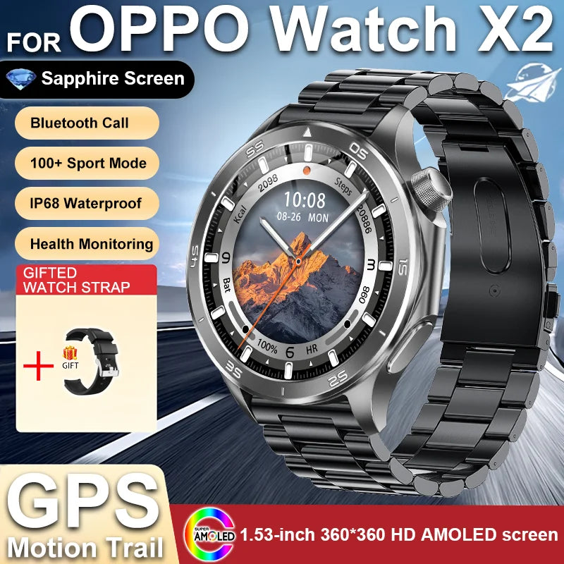 2025 NEW OPPO WANCH X2 MAX Outdoor Sports Men SmartWatch GPS Motion Trajectory Compass AMOLED Screen IP67 Waterproof Smart Watch