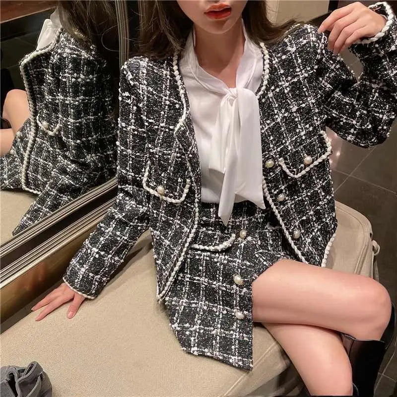 Formal Chic Houndstooth Plaid Set Skirt Women Spring Autumn New Fashion Loose Single-Breasted Plaid Jacket+Skirt Two-Piece Suit