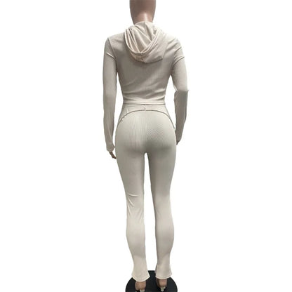 Splicing Lines Ribbed 2 Piece Set Women Tracksuits Long Sleeve Zipper Hooded Jackets Tops + Slit Flare Pants Slim Casual Suits