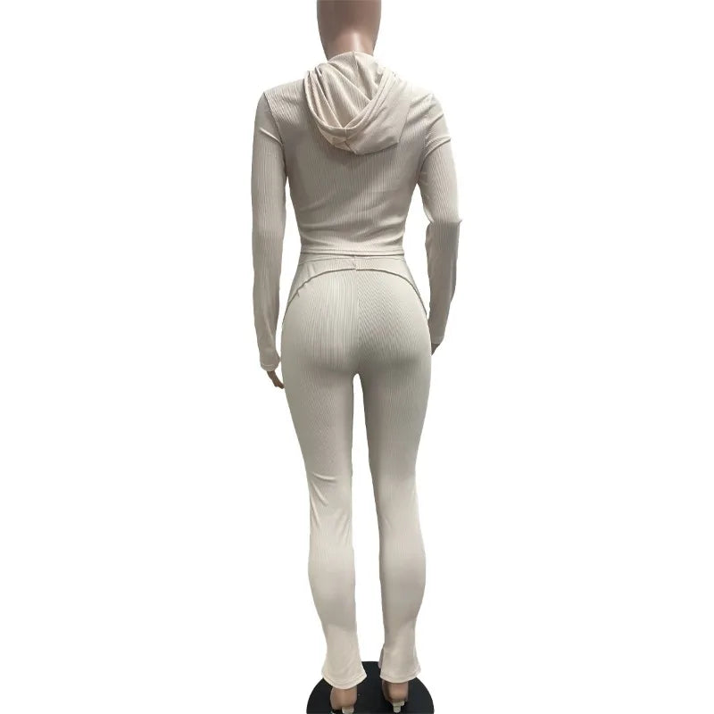 Splicing Lines Ribbed 2 Piece Set Women Tracksuits Long Sleeve Zipper Hooded Jackets Tops + Slit Flare Pants Slim Casual Suits