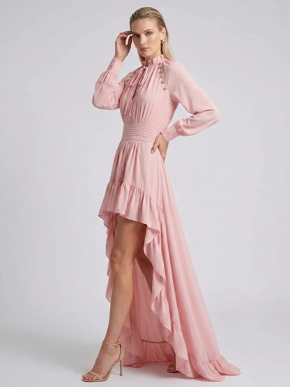 Sexy O Neck Lace Up Buttons Ruched Long Dress Women Pink Long Sleeves Ruffles Slim Dresses Celebrity Evening Party Runway Gowns