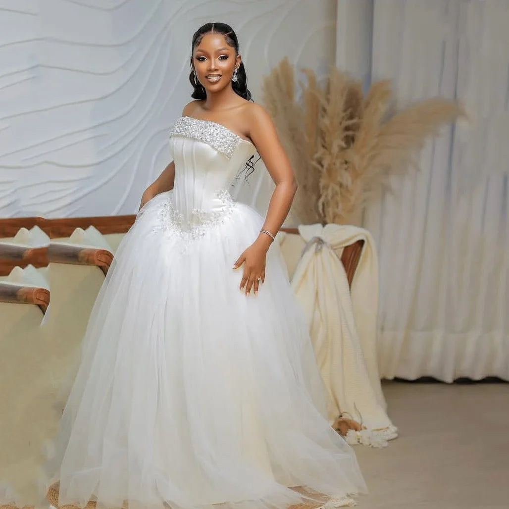 Luxury Layered Bridal Dresses Off Shoulder Beaded Party Dress Custom Made Tulle Bridal Gowns Crystals Strapless Sleeveless - Kimlud