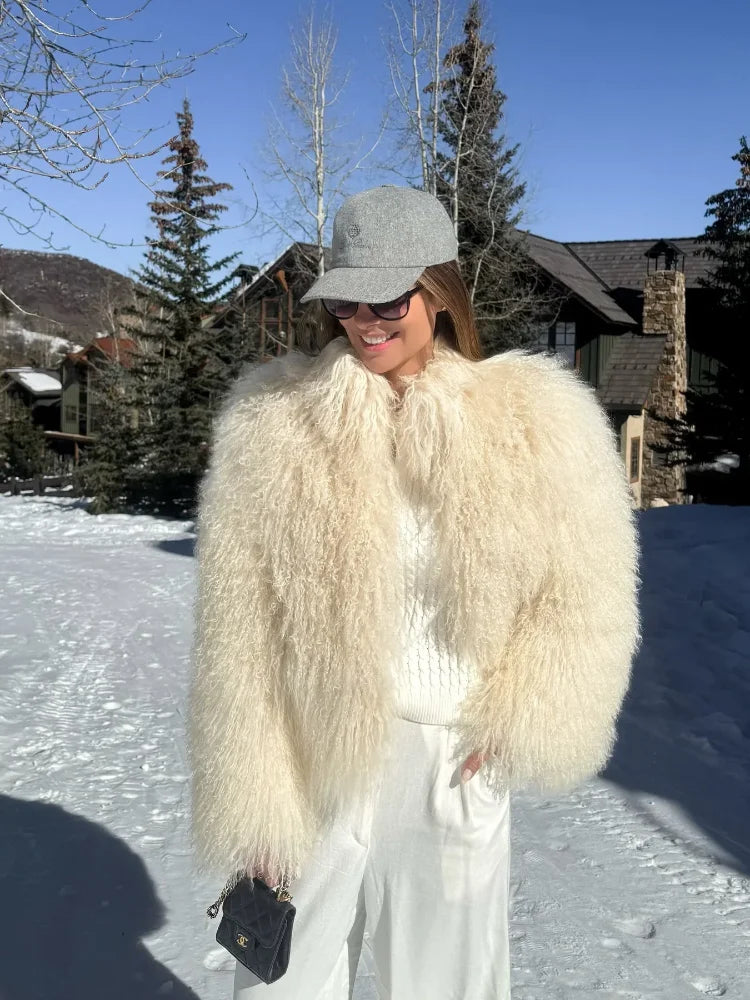 Casual Creamy-white Thick Faux Fur Short Coat Women Long Sleeve Turn Down Collar Warm Soft Jacket Female Winter Daily Outerwear