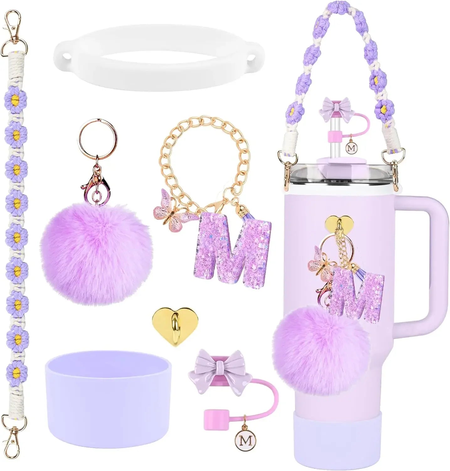 7PCS Accessories Set for Stanley Cup Purple Straw Topper Cup Boot Water Bottle Handle Strap Letter Charms 40oz 30oz Tumbler