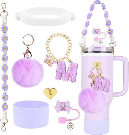 7PCS Accessories Set for Stanley Cup Purple Straw Topper Cup Boot Water Bottle Handle Strap Letter Charms 40oz 30oz Tumbler