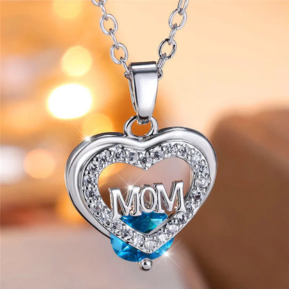 Crystal Luxury White Zircon Stone Heart Mom Letter Pendant Necklace Vintage Wedding Jewelry For Women Mother's Day Gift...