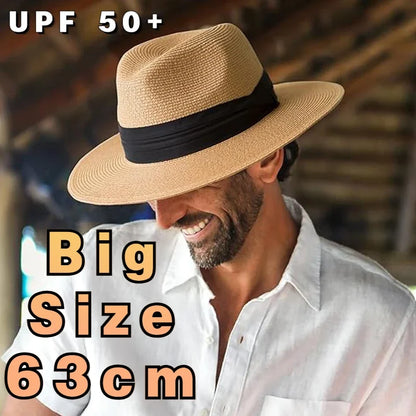 XL Big Head 63CM Summer Beach Woven Sun Hats Men Women Plus Size Jazz UV UPF 50+ Sun Protection Travel Panaman Straw...