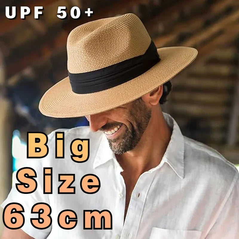 XL Big Head 63CM Summer Beach Woven Sun Hats Men Women Plus Size Jazz UV UPF 50+ Sun Protection Travel Panaman Straw...