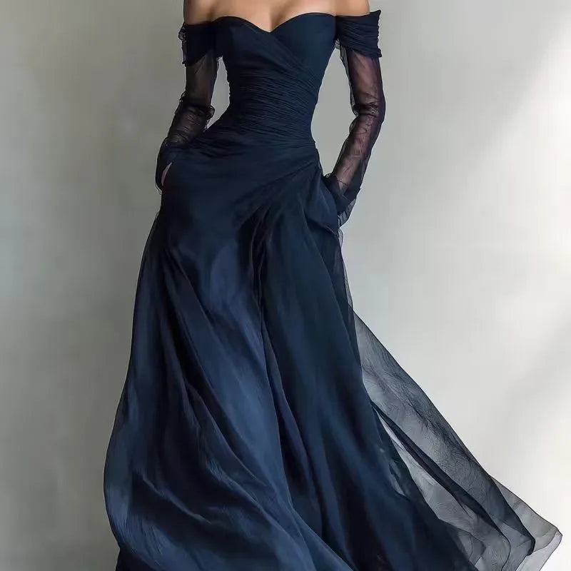 New Women's Sexy Strapless Net Silk Long Sleeved Party Dresses Spring Summer Fashion V Neck Elegant Ladies Formal Long...