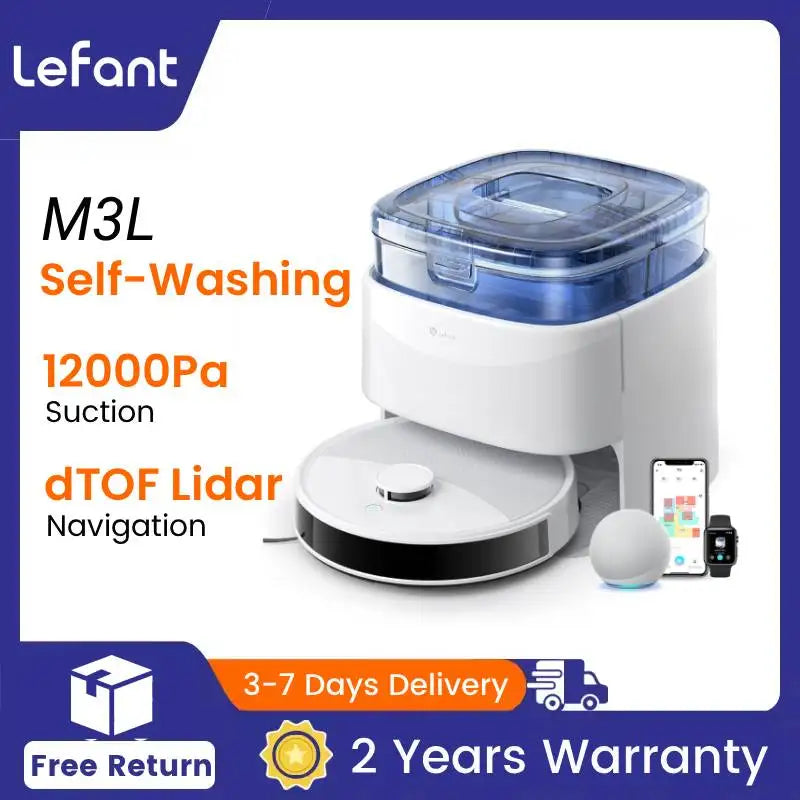 LEFANT M3 M3L Robot Vacuum Cleaner with Mapping, 12000Pa Suction, Emptying Station, Automatic Washing and Drying, DTOF Laser