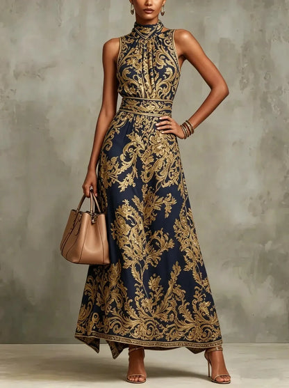 Baroque Print Halter Neck Maxi Dress Sleeveless High Waist A-Line Formal Evening Gown Elegant Vintage Party Dress for Women