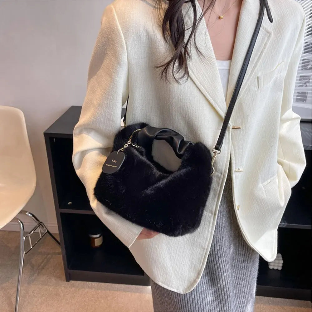 Fashionable Cute Plush Crossbody Bag for Women's Solid Color Soft Fluffy  Handbag Autumn Winter Soft Plush Shoulder Bag