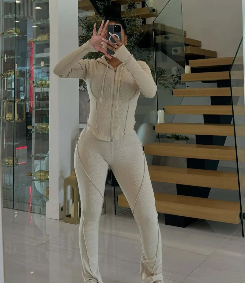 Splicing Lines Ribbed 2 Piece Set Women Tracksuits Long Sleeve Zipper Hooded Jackets Tops + Slit Flare Pants Slim Casual Suits