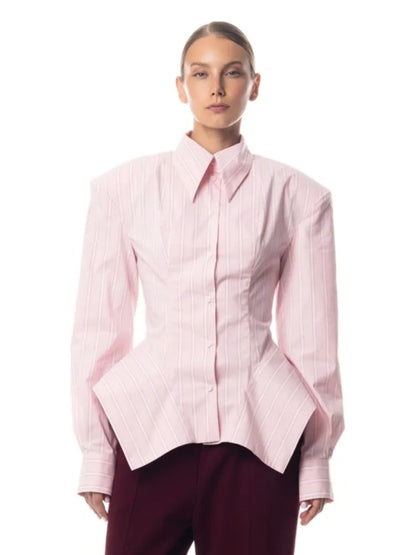 Women's Collar Striped Shirt with Asymmetrical Hem and Waist Cinching 2026 Spring summer Fashionable Casual Office...