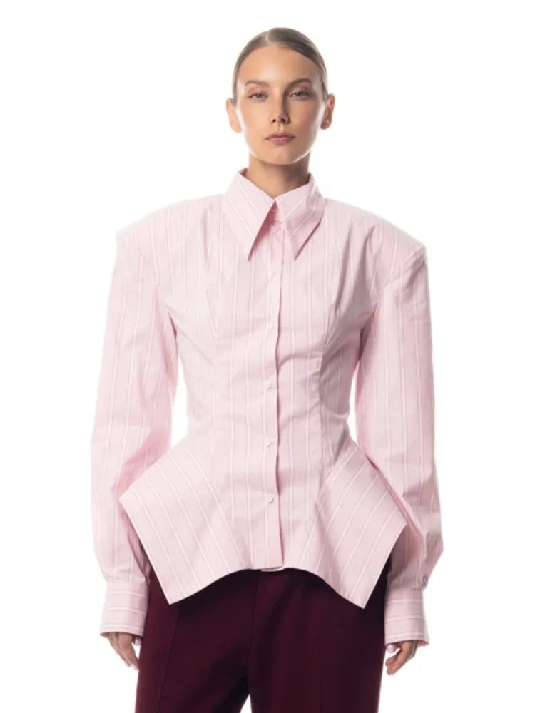 Women's Collar Striped Shirt with Asymmetrical Hem and Waist Cinching 2026 Spring summer Fashionable Casual Office...