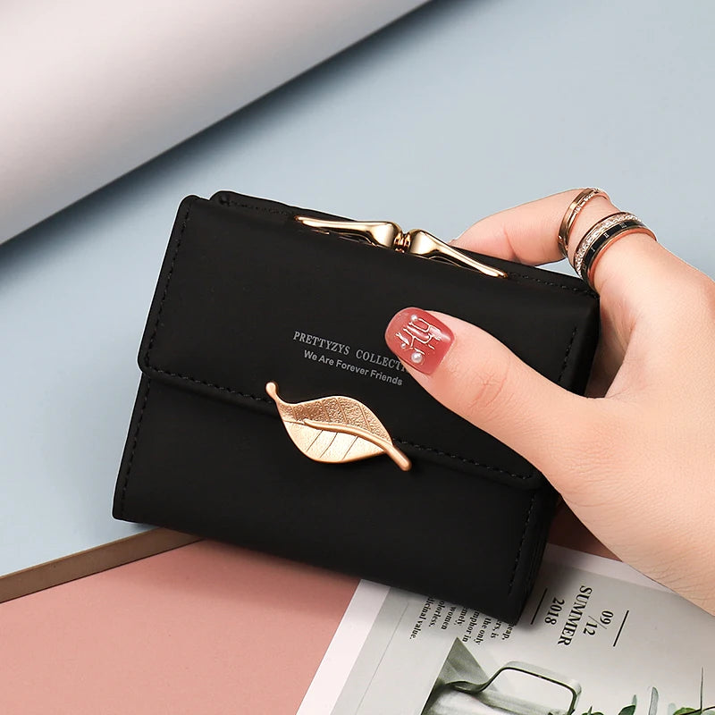New purse Female Japan and South Korea small fresh PU solid color three fold bag multi-card folding large capacity coin student - Kimlud