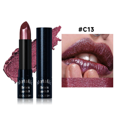 Metallic Pearlescent Pink Glitter Velvet Lipstick Waterproof Long Lasting Matte Shimmer Diamond Lipstick Women Makeup Cosmetics